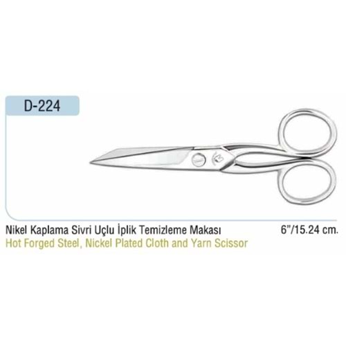 Nikel Kaplama Sivri Uçlu İplik Temizleme Makası 6 Inch
